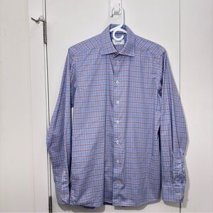Eton Shirt contemporary Men's Light Blue Plaid Button-Down 100% cotton SZ  38-15